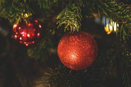 christmas, tree, lights, ball, decor, ornaments, holiday, season, blur