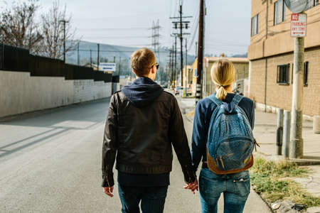 people, man, woman, girl, female, male, guy, walking, holding hands, backpack, travel, back, hoodie,...