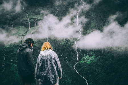 mountain, top, peak, couple, people, man, woman, love, rain, fog,