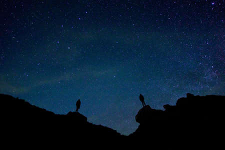 dark, night, sky, stars, mountain, highland, landscape, nature, silhouette, people, men, travel,...