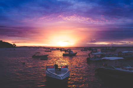 sea, ocean, water, nature, sunset, horizon, sky, cloud, boat, transportation