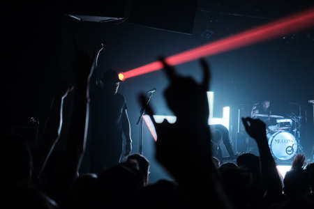 people, crowd, rock, concert, performance, lights, dark, night, stage, stadium, musical, instrument,...