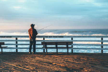 sea, ocean, water, wave, nature, people, man, fishing, bench, outdoor, horizon, cloud, sky