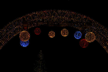 dark, night, christmas, lights, electricity, ball, arch