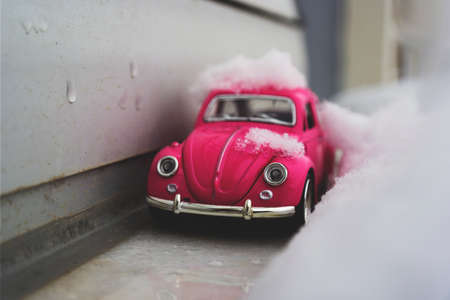 pink, car, vehicle, toy, snow, winter