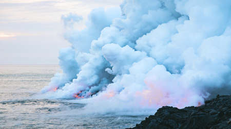sea, ocean, blue, water, nature, rocks, coast, clouds, sky, smoke, volcanic, landform
