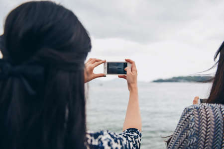 people, girl, woman, back, mobile, phone, camera, selfie, sea, water, nature