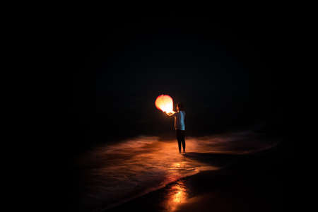 dark, night, light, balloon, sea, ocean, water, beach, people, man