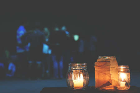 dark, night, lamp, candle, light, glass, jar, people, street, blur