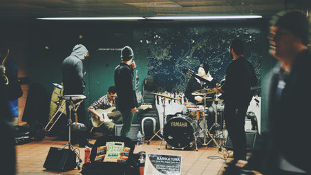 urban, street, band, song, people, man, guitar, drums, music, speaker, yamaha, black, vocalist
