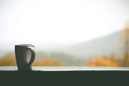 cup, mug, coffee, window, mountain, nature, leaves, autumn, fall, trees