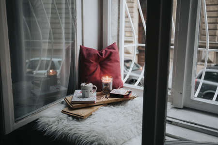 room, glass, window, candle, book, pillow, interior, design