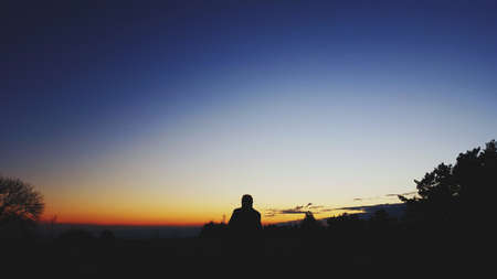 people, man, silhouette, alone, sunset, sad, blue, clouds, sky, trees