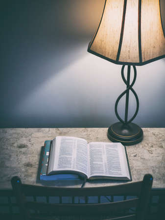 lamp, book, reader, table, chair, dark, night, light, bible