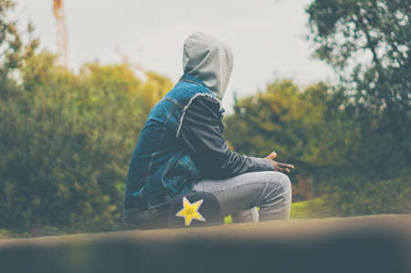people, man, sitting, alone, sad, hoodie, cap, trees, plant, outdoor, nature