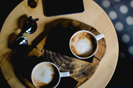 coffee, table, shades, sunglasses, chill, date, tablet, wood, creamer
