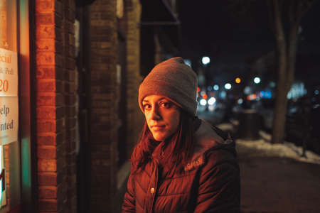 people, woman, cold, weather, jacket, bonnet, dark, night, lights, street