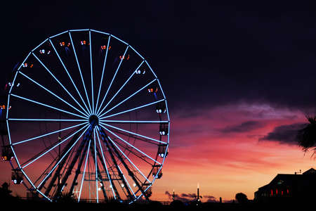 sunset, amusement park, park, ferris wheel, lights, night, dark, enjoy, happy