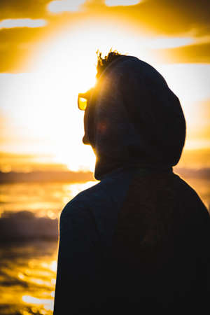 people, man, silhouette, hoodie, jacket, sunset, beach, ocean, sea, travel, adventure, vacation,...