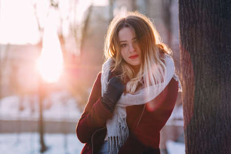 people, woman, beauty, cold, weather, snow, winter, gloves, jacket, sun, tree