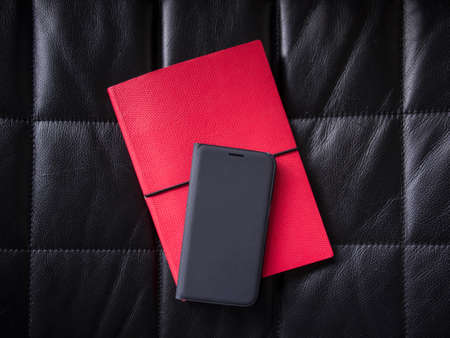 black, leather, phone, case, notebook, red, diary, letter, technology, business