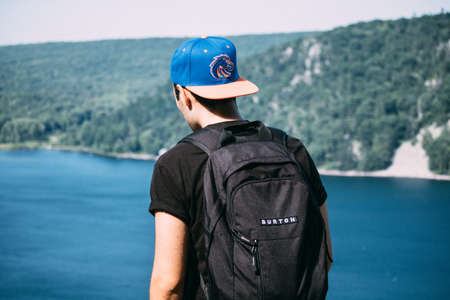people, man, alone, travel, adventure, cap, ocean, sea, beach, mountain, trees, nature