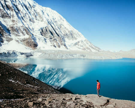 mountains, landscape, sky, clouds, man, ocean, guy, reflect, reflection, rocks, snow, winter, cold,...
