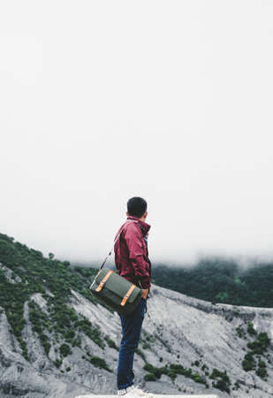 adventure, fog, guy, man, people, landscape, clouds, photographer, bag, trees, grass, sky, outdoor,...