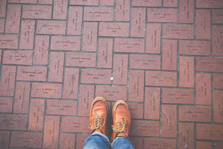 brown, leather, shoe, footwear, jeans, floor, outdoor, outside
