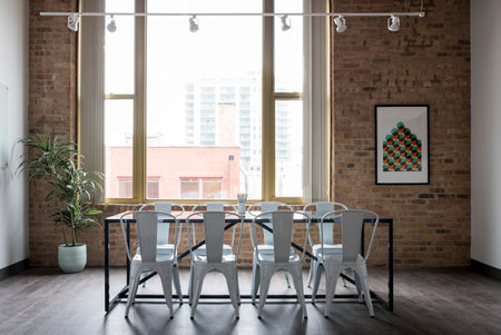 house, interior, design, table, chairs, furniture, green, plant, wall, frame, window, lights