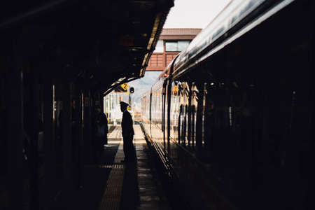 trail, train, station, people, man, ride, transportation, guard, security, silhouette