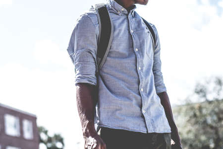 guy, man, fashion, clothing, backpack, african american, bokeh, building, plants, trees, street,...