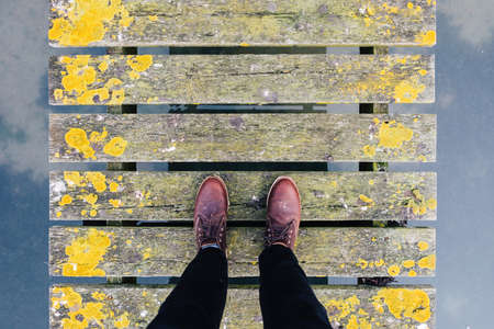 people, man, feet, shoes, leather, travel, adventure, wood, old, faded, bridge, water, ocean, sea,...
