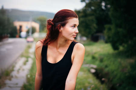 people, girl, woman, beauty, trees, road, model, sidewalk, grass, mountain, car, green, bokeh, blur