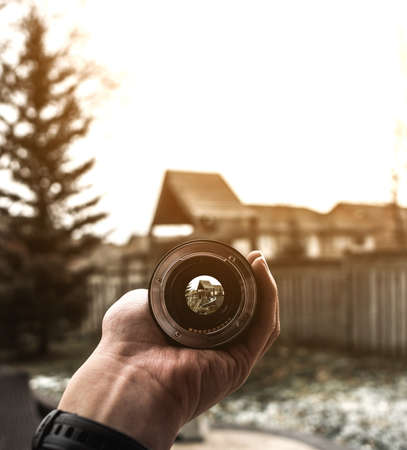 lens, photography, photographer, camera, people, man, hands, house, home, trees