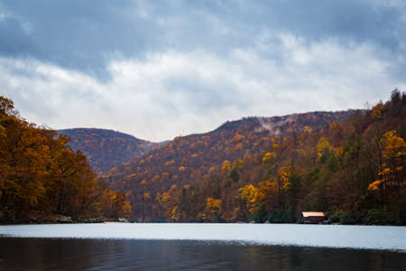 mountains, trees, forest, lake, water, house, autumn, landscape, view, nature, fog