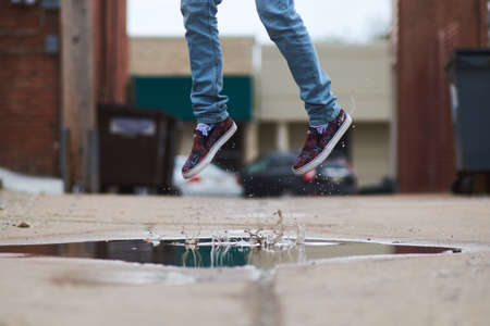 feet, shoes, jump, shot, water, street, jeans, style, fashion, man, guy, drops, bokeh, trash, can,...