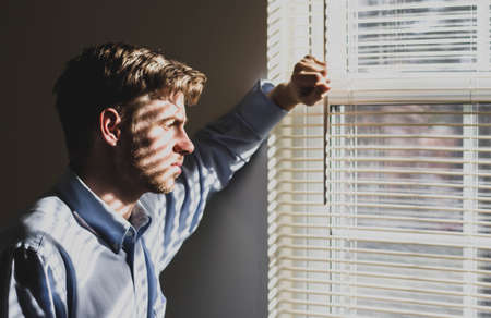 guy, man, people, window, sunlight, alone, male, blindfold, glass
