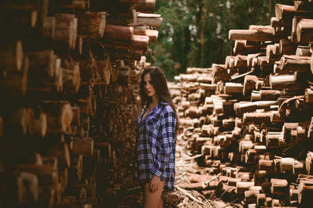 woods, woman, girl, lady, model, fashion, style, logs, brown, trees, nature, pile, branches