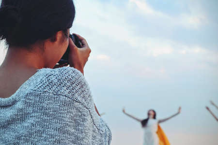 people, woman, camera, photographer, photography, lens, clouds, sky, african american