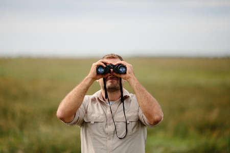 people, man, binoculars, green, nature, landscape, grass