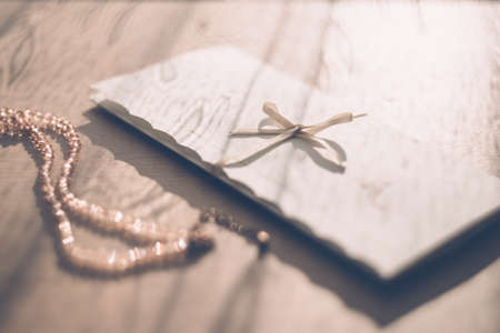 invitation, envelope, ribbon, letter, formal, necklace, morning, light, table