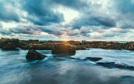nature, landscape, water, river, lake, current, rocks, clouds, sky, sunset, blue