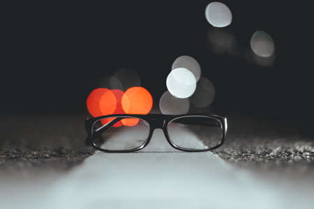 eyeglasses, frame, lens, bokeh, light, dark, night, floor