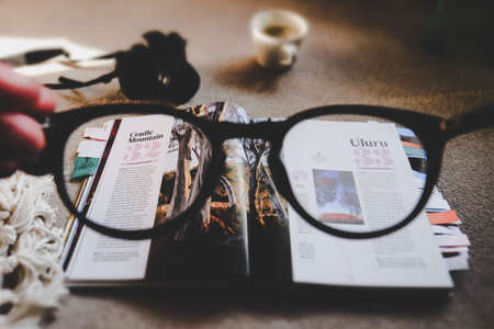 eyeglasses, grade, read, magazine, layout, design, table, work, office