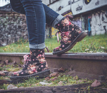 people, woman, fashion, boots, flowers, denim, green, grass