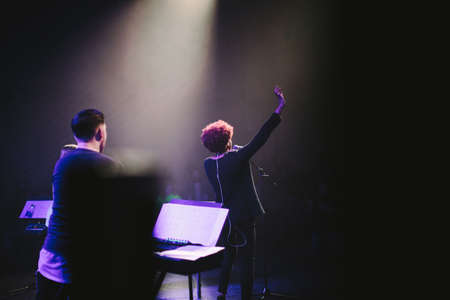 people, woman, concert, stage, light, dark, microphone, sing, perform, man, piece