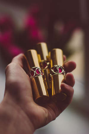 lipstick, beauty, fashion, makeup, collection, cosmetics, hand, palm, blur