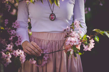 flower, bloom, petal, nature, plant, branch, people, woman, girl, outdoor, necklace, clothing