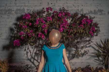 people, woman, fashion, dress, balloon, nature, tree, flower, pink, green, leaves